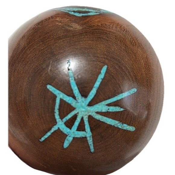 Handcrafted Signed Dark Wood Turquoise Inlay Candle Holder Artisan Southwestern - Picture 8 of 10